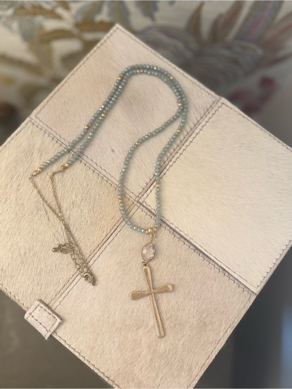Gold Cross Pendant Necklace with Iridescent Blue Beads